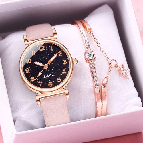 3PCS Jam Tangan Kuarsa Wanita Sparkling Starry Night Tali Kulit Dial Kecil Berki