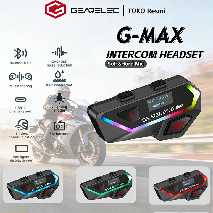 GEARELEC Helm intercom G-MAX 6 Riders 2000m Bluetooth Intercom Helm Sepeda Motor Headset FM Radio
