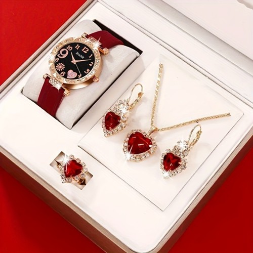 4PCS Jam Tangan Kuarsa Wanita Dengan Tali Kulit Putaran Bulat Dial Merah Hati Se