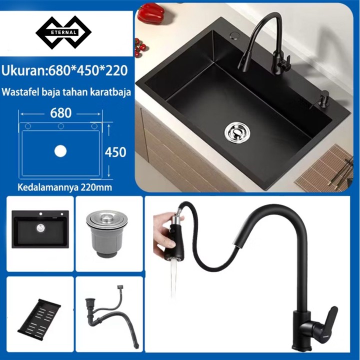 Stainless Steel Kitchen sink Modern Kitchen Sink Kran Set Bak Cuci Piring Stainless Hitam cuci piring Ketebalan 3.0mm