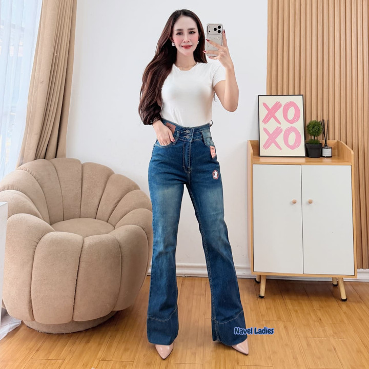 Celana Jeans Panjang Wanita Cutbray Haighwaist Model Lipat Lebar Bahan Stretchy - Celana Panjang Wanita