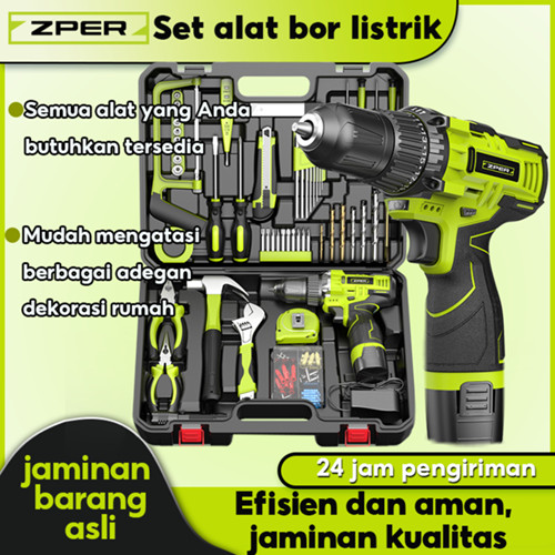 ZPER 108PCS Tool Box Besar Mesin Bor Baterai Toolkit Set Alat Tukang Bangunan Le