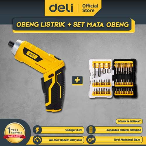 Deli Tools Paket Lithium-Ion Cordless Screwdriver / Obeng Listrik Baterai Tanpa 