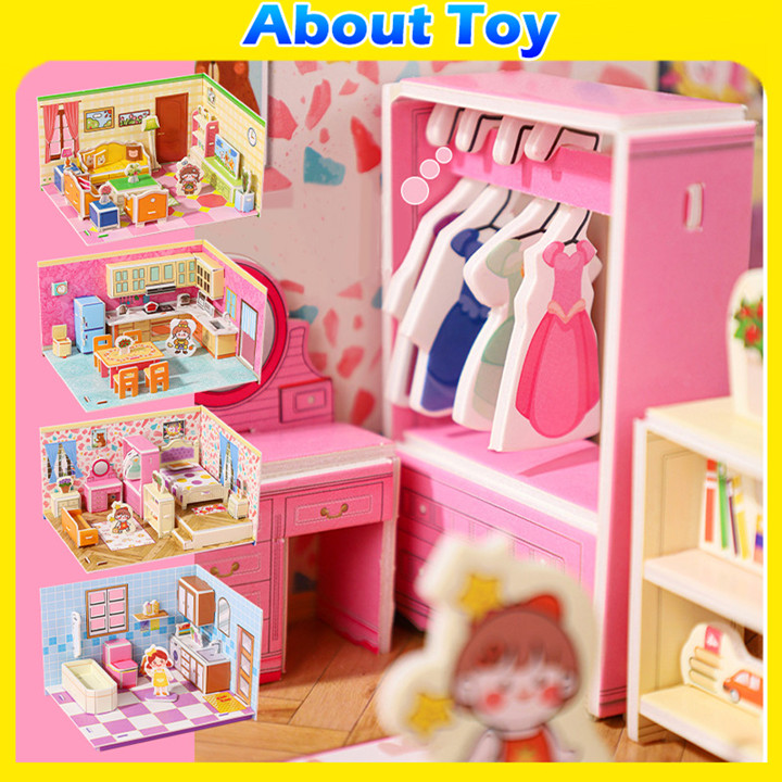 4PCS/Set Mainan Edukasi Interior Rumah DIY Puzzle 3D Miniatur Kertas Busa DIY Besar Mainan Craft 3D Mainan Anak Perempuan Jigsaw Part 1 Seri Rumah House