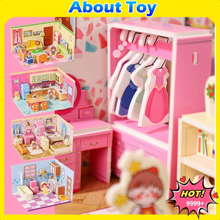 4PCS/Set DIY Mainan Puzzle 3D Edukasi Anak 3D Miniatur Perempuan Jigsaw Puzzle Kertas Busa DIY Paper Foam Hadiah Anak -Anak Rumah House