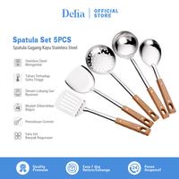 Spatula Set 5PCS Gagang Kayu Stainless Steel Multifungsi Ala