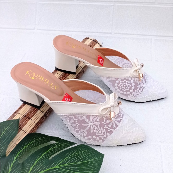Heels pesta wanita hak tahu 5cm terbaru kekinian/sendal selop brukat pengantin wanita/sandal pesta kondangan perempuan bisa cod/sandal wanita formal mewah