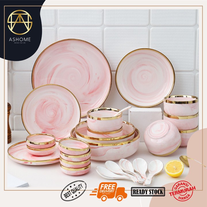 ASHOME Piring Keramik Pink Marble List Gold Elegan / Piring Keramik Motif Marmer Pink List Emas Elegan Mewah / Piring Sultan / Piring Keramik List Gold / Piring Makan Aestetik / Piring List Emas / Piring Emas / Piring Mewah