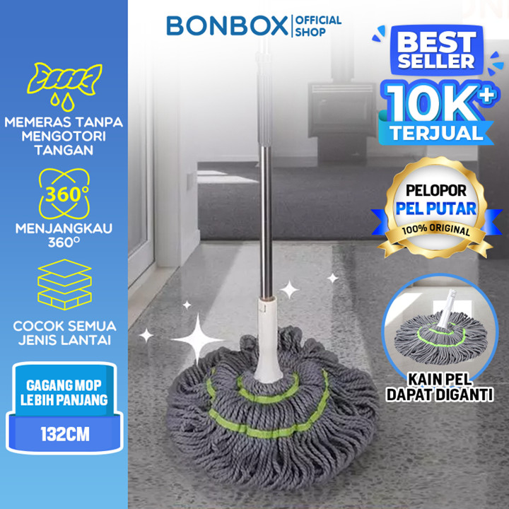 BONBOX Alat Pel Lantai Peras Otomatis Magic Twist Mop Alat Pel Lantai Putar Otomatis Kain Microfiber BCT3802
