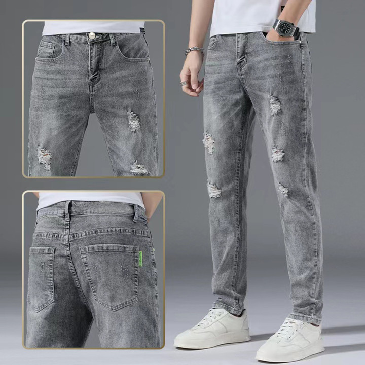 Celana jeans pria sobek abu grey slimfit stretch panjang cowok ripped skinny pensil celana denim dewasa robek korea style