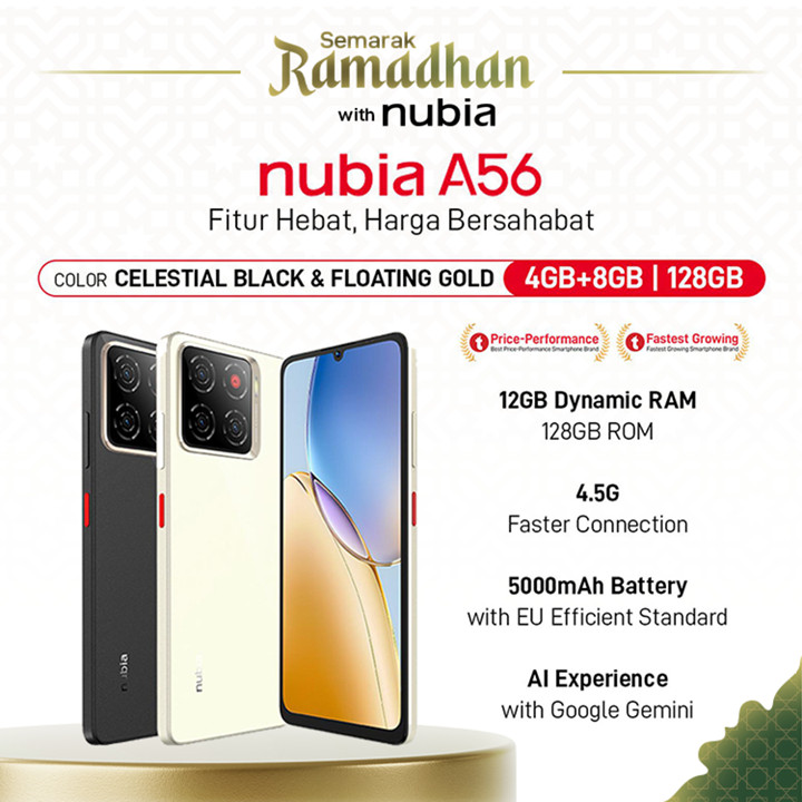 Handphone nubia A56 ROM 128GB RAM 12GB (4+8GB) Smartphone Kamera AI 13MP Triple Camera Layar 6.75" 90Hz, Baterai 5000mAh Fast Charging