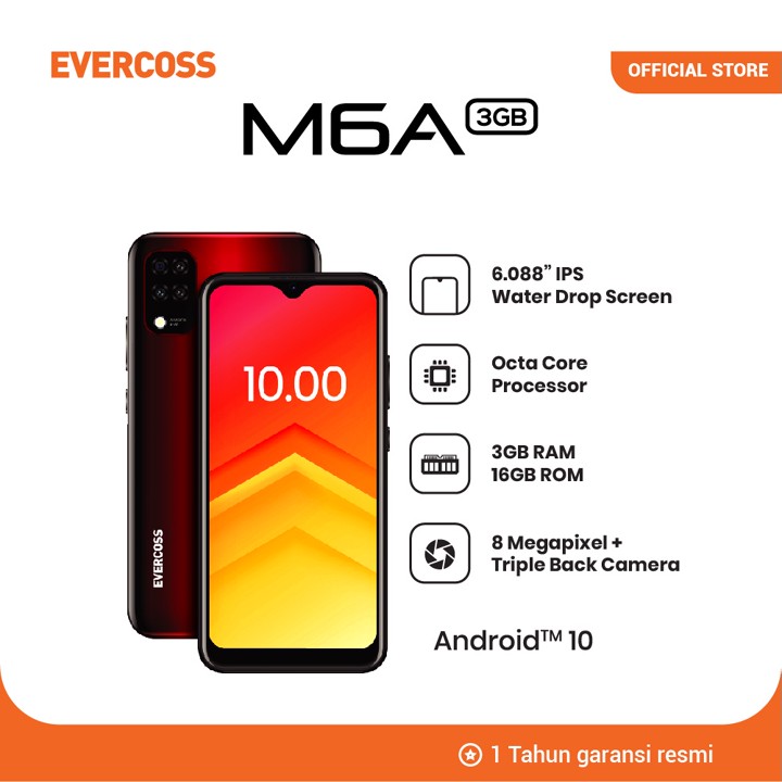 EVERCOSS M6A 3GB/16GB 8MP Selfie Camera 8MP Camera Android 10 Dual SIM 4G Layar 6" IPS 3200 mAh